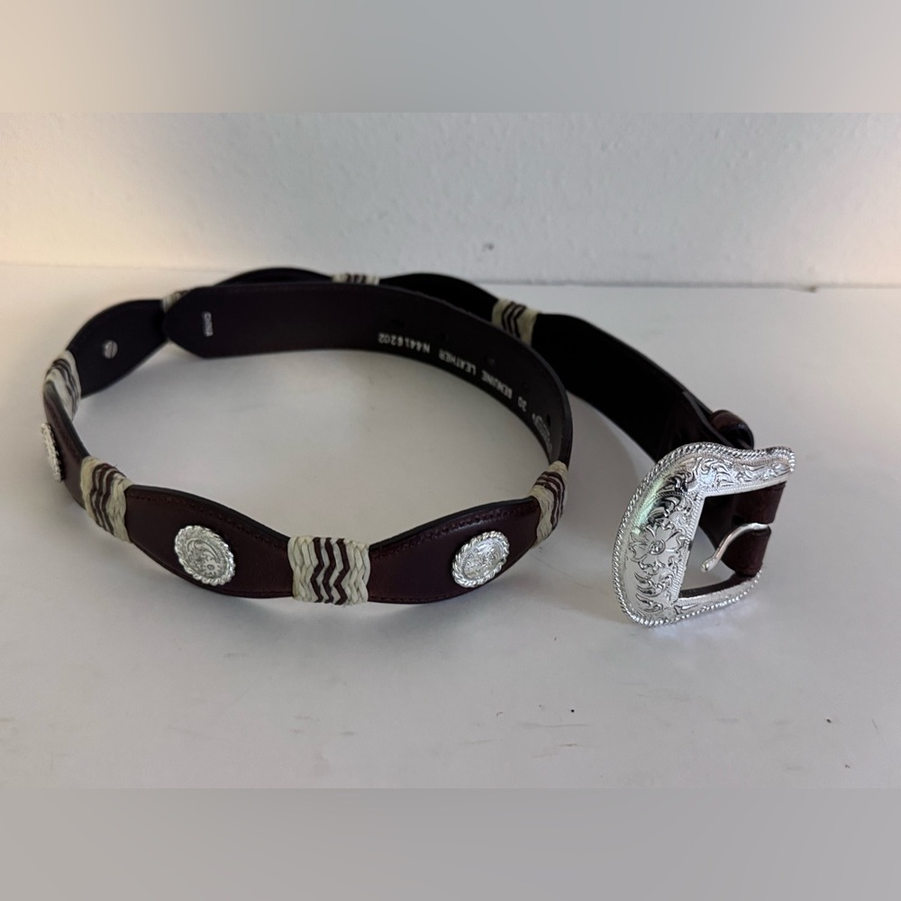 Nacona Western Belt Leather with Silver Tone & Woven Rawhide Accents Women’s 30